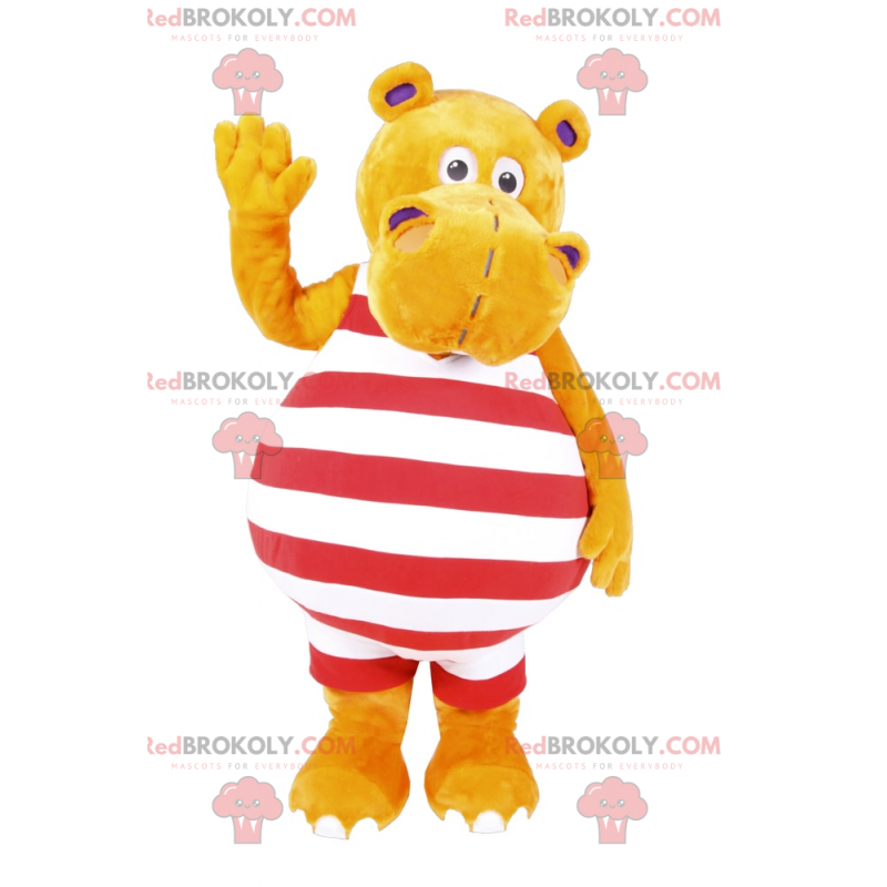 Mascotte di ippopotamo in costume da bagno a righe -