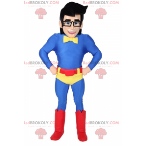 Mascote homem com roupa azul de super-herói - Redbrokoly.com