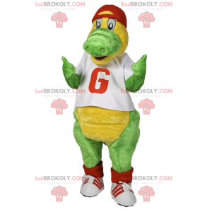 Mascota dinosaurio con camiseta y gorra. - Redbrokoly.com