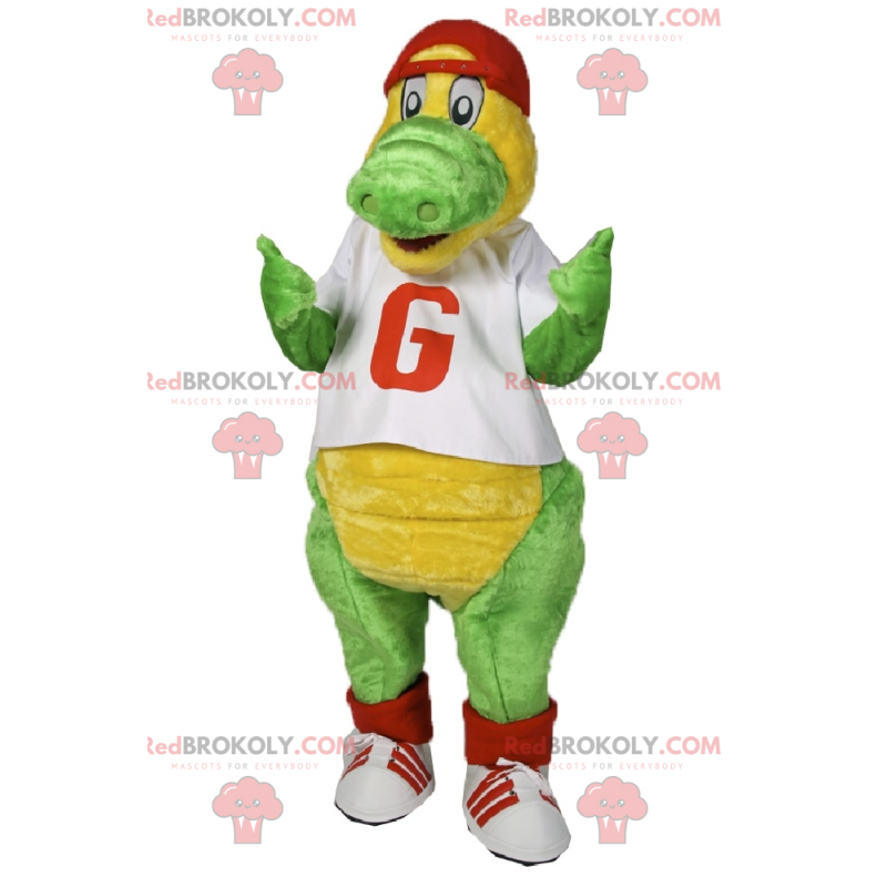 Mascote dinossauro com camiseta e boné - Redbrokoly.com Mascote dinossauro com camiseta e boné - Redbrokoly.com
