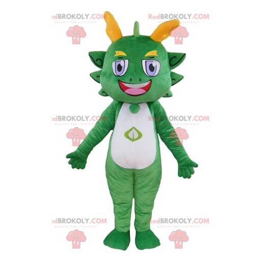 Colorful and smiling green and yellow dragon mascot -