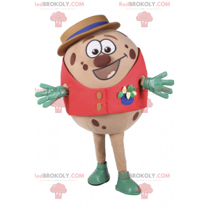 Mascotte uovo maculato con giacca rossa e cappello -