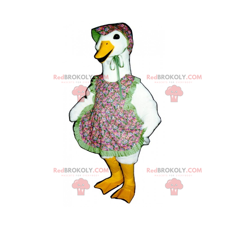 Mascotte d'oie avec tablier et chapeau a fleurs - Redbrokoly.com