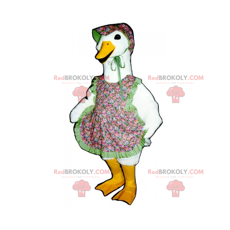 Mascotte d'oie avec tablier et chapeau a fleurs - Redbrokoly.com Mascotte d'oie avec tablier et chapeau a fleurs - Redbrokoly.com