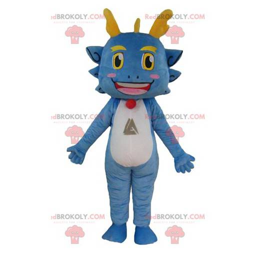 Engraçado e sorridente mascote dragão azul branco e amarelo -