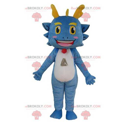 Funny and smiling blue white and yellow dragon mascot -