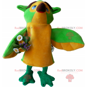 Mascota de pájaro con ramo de flores. - Redbrokoly.com