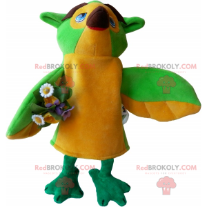 Mascote pássaro com buquê de flores - Redbrokoly.com