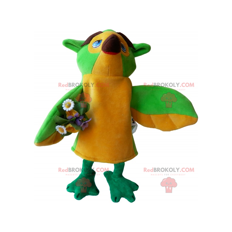 Mascote pássaro com buquê de flores - Redbrokoly.com