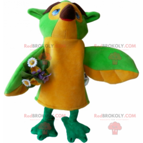 Mascota de pájaro con ramo de flores. - Redbrokoly.com