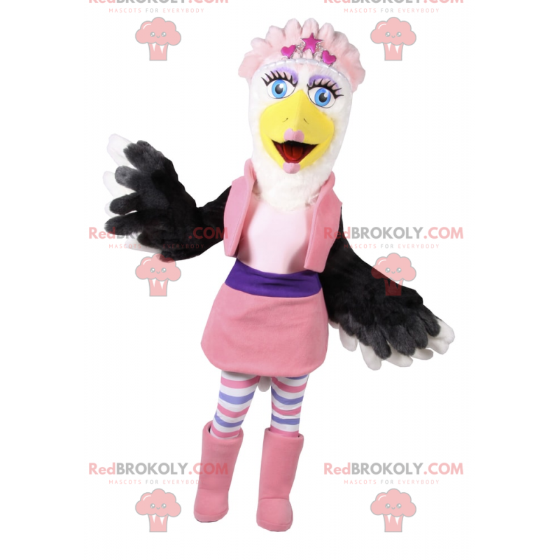 Mascota pájaro blanco y negro en traje de glamour rosa - Mascota pájaro blanco y negro en traje de glamour rosa -