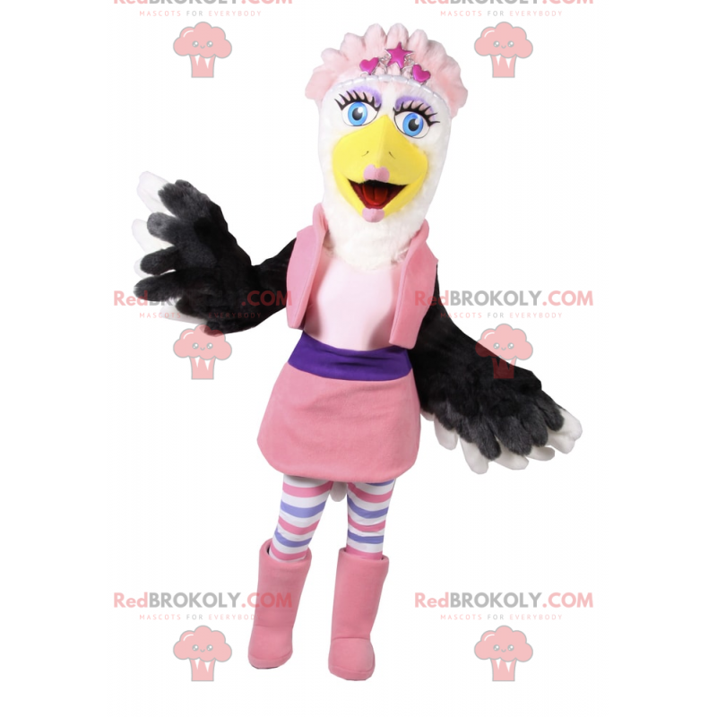 Mascote pássaro branco e preto em traje rosa glamour -