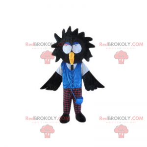 Černý pták maskot s velkýma očima a kostkované kalhoty -
