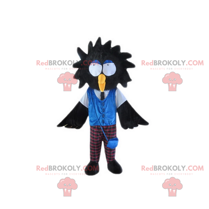 Black bird mascot with big eyes and plaid pants - Redbrokoly.com