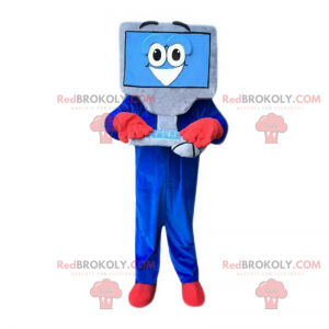 Grijs en blauw computermascotte met lachend gezicht -