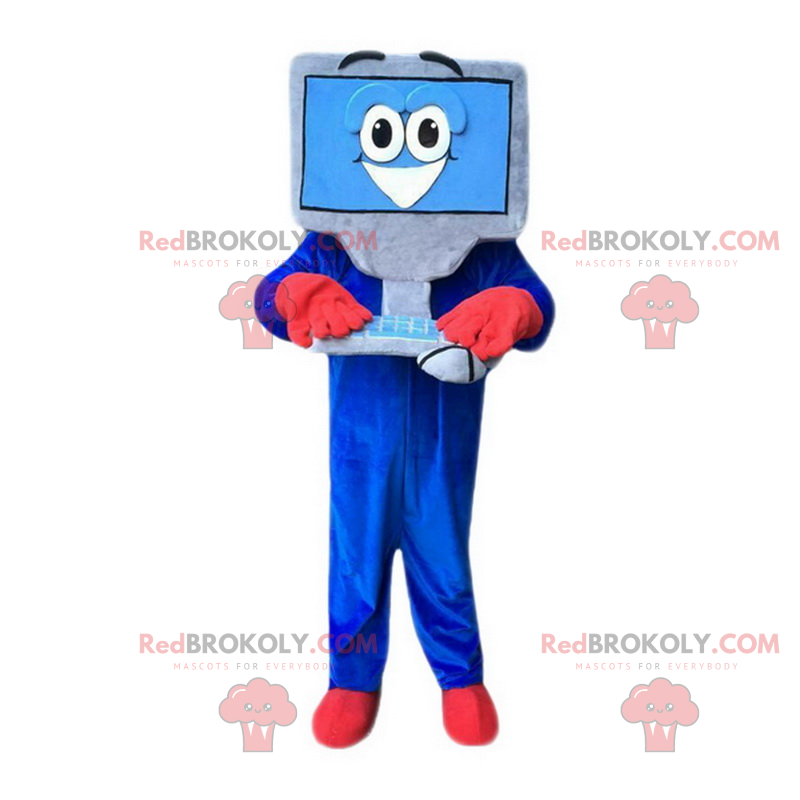 Gray and blue computer mascot with smiling face - Redbrokoly.com
