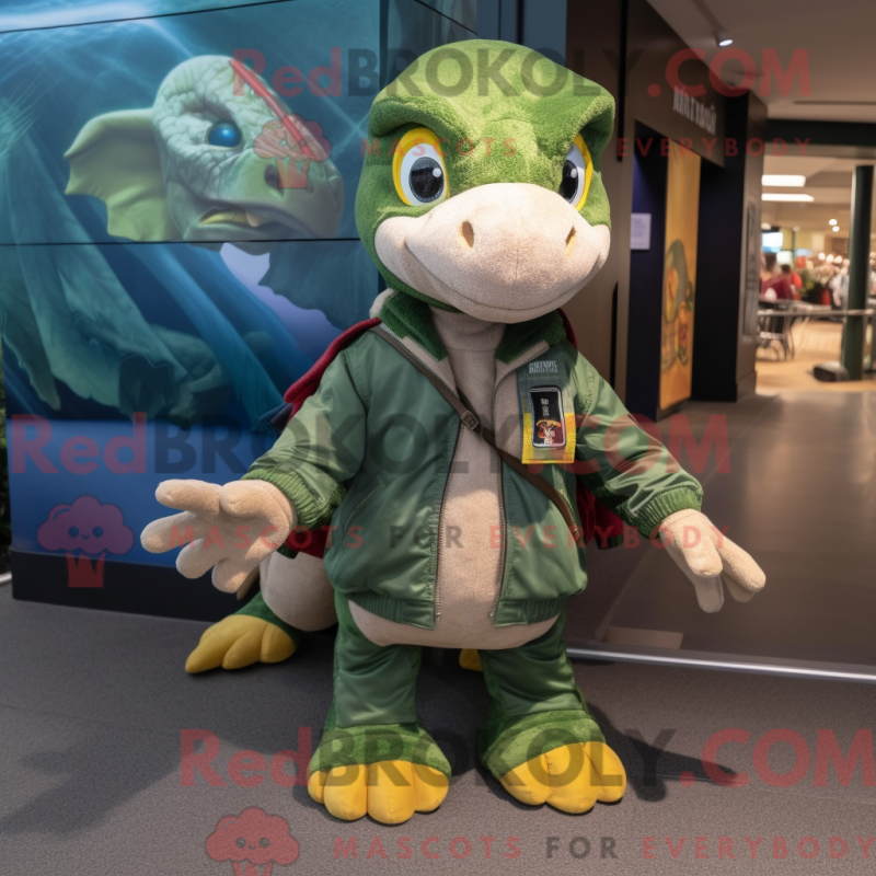 Fantasia de mascote de Dimorphodon verde com jaqueta bomber e cachecóis - Mascotes Dimorphodon - REBROKO_267471 - RedBrokoly.com