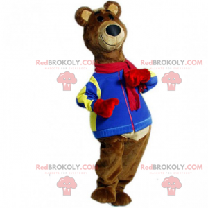 Mascotte d'ours au poil brun et veste bleu - Redbrokoly.com