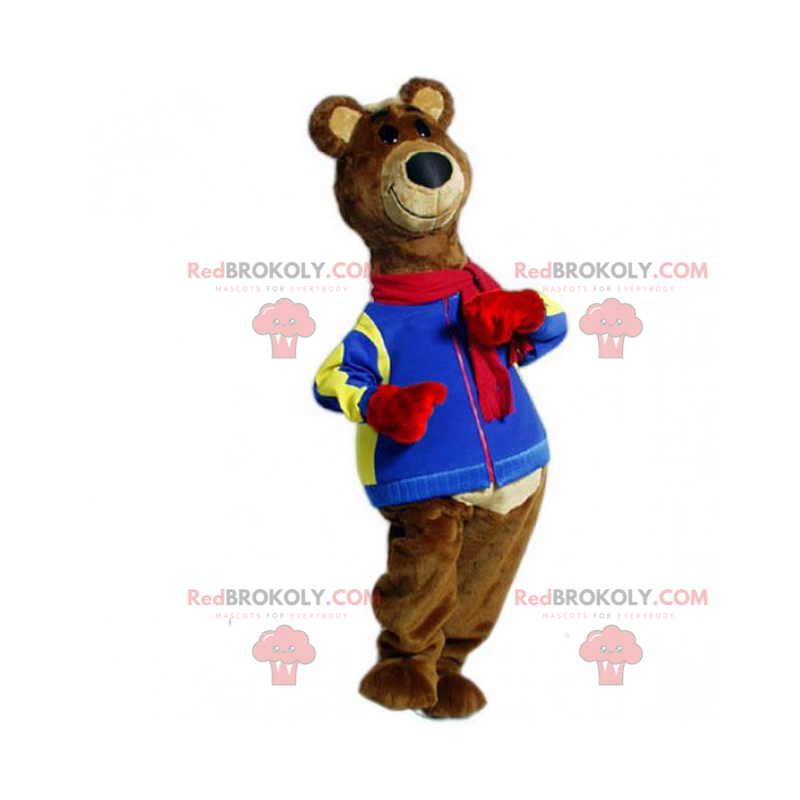 Brun björnmaskot och blå jacka - Redbrokoly.com