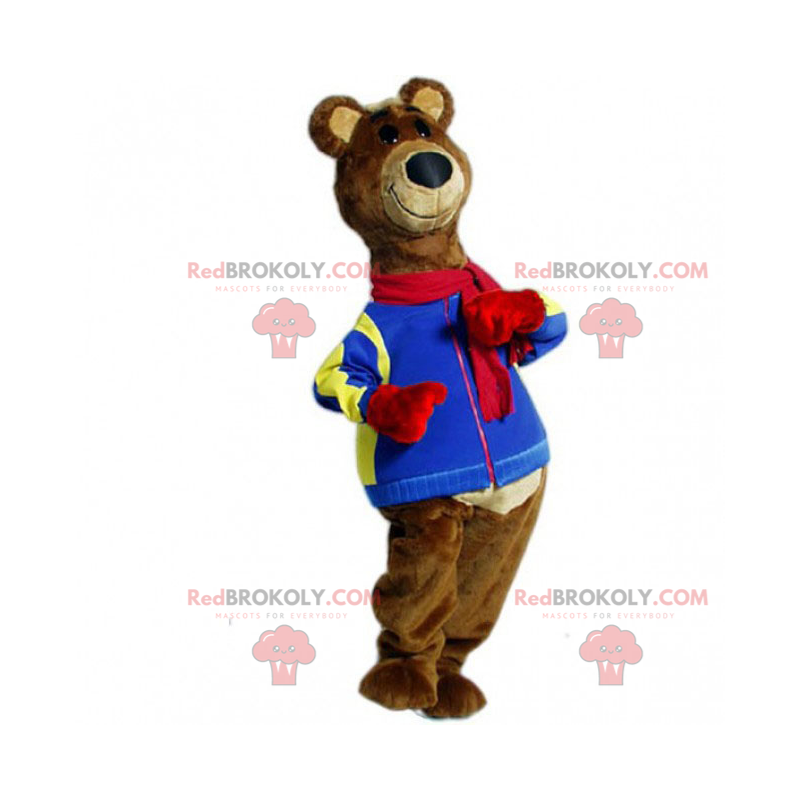 Brun björnmaskot och blå jacka - Redbrokoly.com Brun björnmaskot och blå jacka - Redbrokoly.com