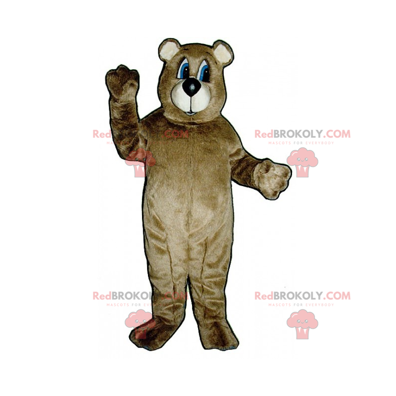 Mascota del oso con cabello castaño y ojos azules. -
