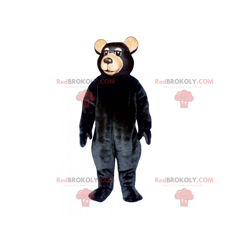 Bärenmaskottchen mit schwarzen Haaren und beiger Schnauze -
