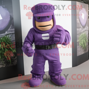 Fantasia de mascote Commando roxo com capa e faixas de cabeça - Mascotes do Para Commando - REBROKO_267828 - RedBrokoly.com