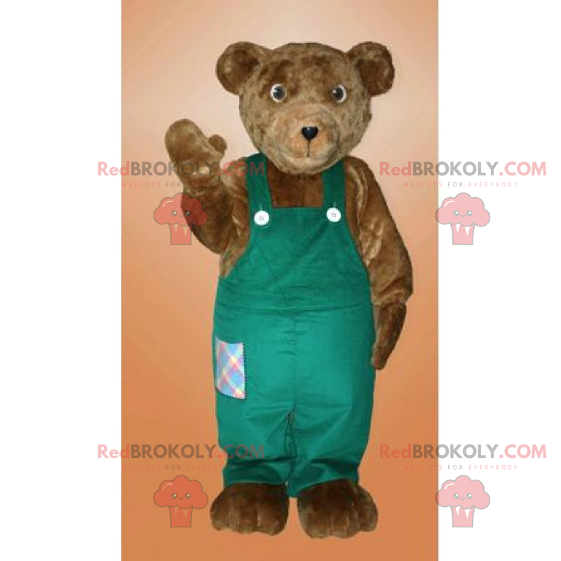 Mascotte d'ours marron avec sa salopette - Redbrokoly.com