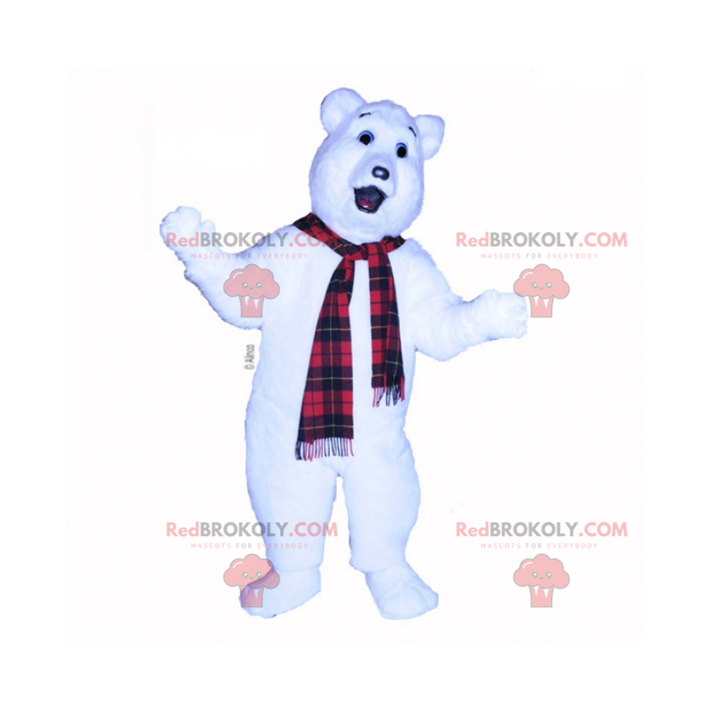 Maskotka niedźwiedź polarny z szalikiem w kratę - Redbrokoly.com