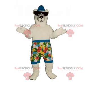 Polar bear mascot in swimming trunks and sunglasses -