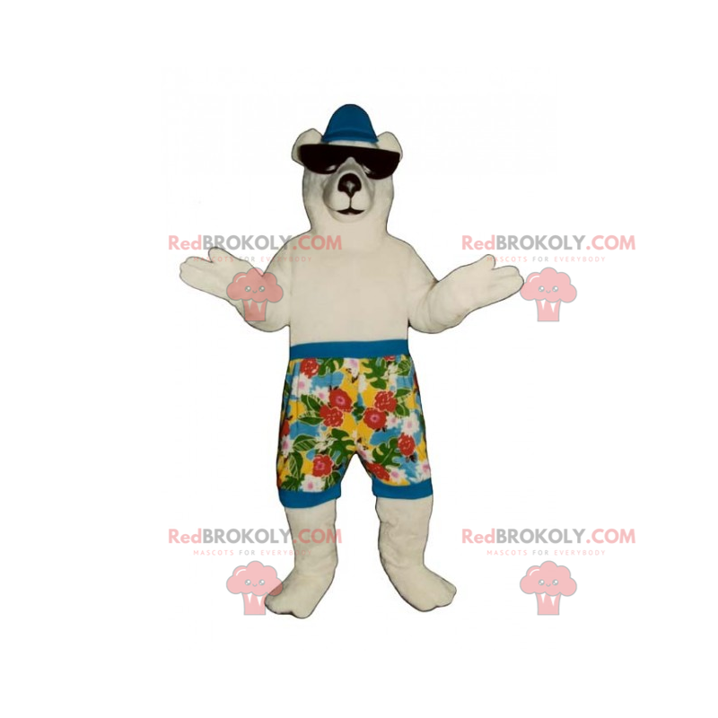 Eisbärenmaskottchen in Badehose und Sonnenbrille -