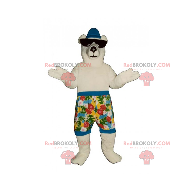 Polar bear mascot in swimming trunks and sunglasses -
