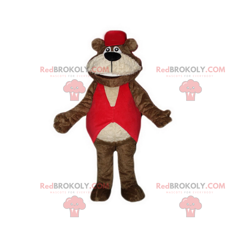 Myk bjørn maskot med rød jakke - Redbrokoly.com