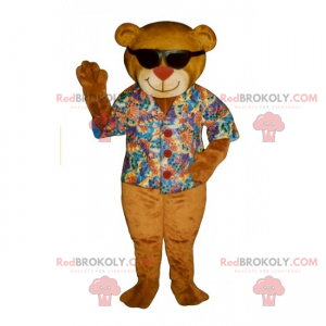 Mascota del oso de peluche con camisa de colores y gafas negras