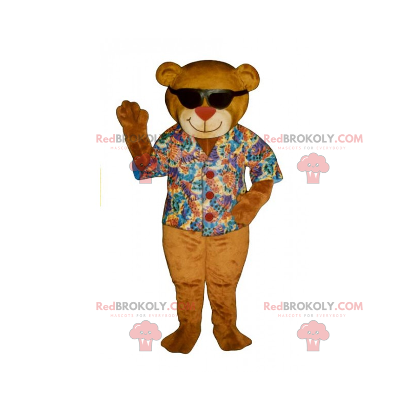 Mascote urso de pelúcia com camisa colorida e óculos pretos -