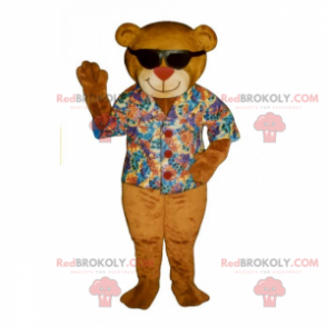 Mascotte orsacchiotto con camicia colorata e occhiali neri -