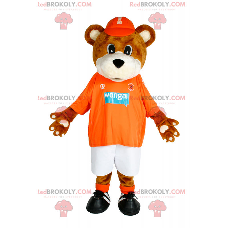 Mascota del oso de peluche con gorra y ropa deportiva. - Mascota del oso de peluche con gorra y ropa deportiva. -