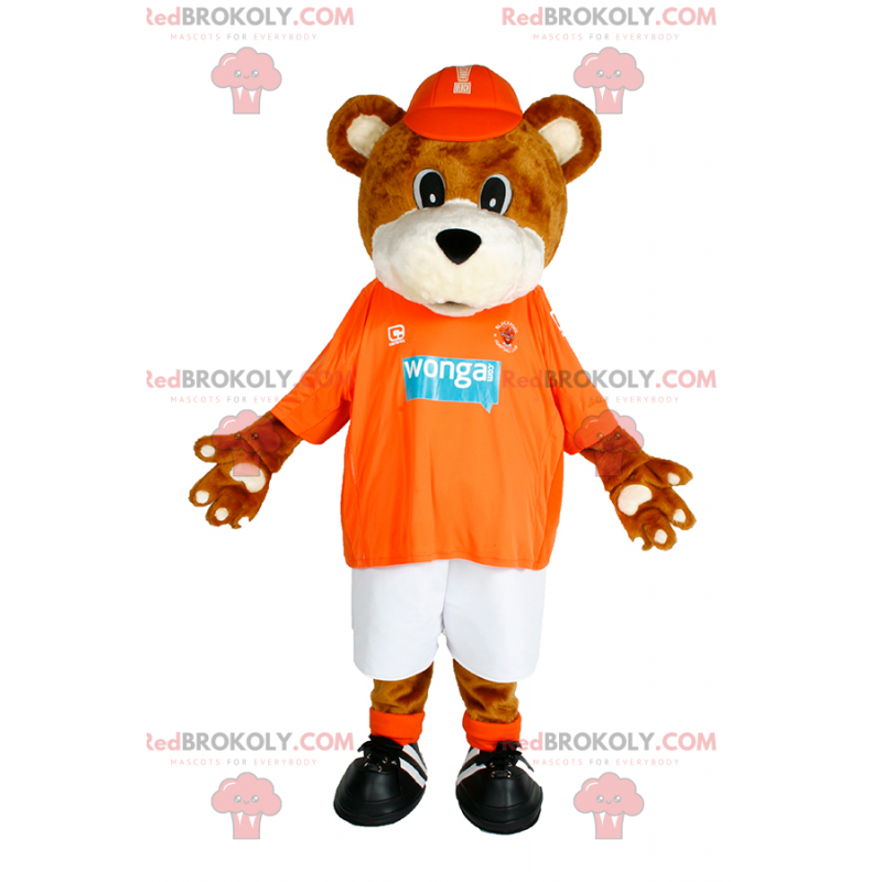 Mascote ursinho de pelúcia com boné e roupa esportiva -