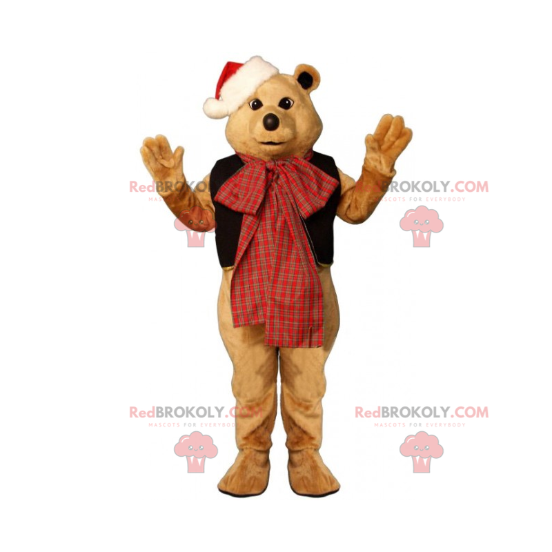 Teddy bear mascot with a bow and Christmas hat - Redbrokoly.com