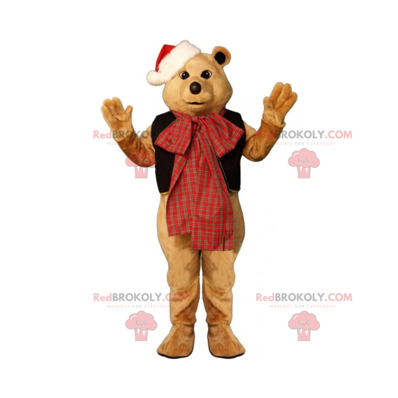 Teddy bear mascot with a bow and Christmas hat - Redbrokoly.com Teddy bear mascot with a bow and Christmas hat - Redbrokoly.com