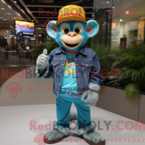 Fantasia de mascote de macaco-turquesa com camisa jeans e pulseiras - Macacos mascotes - REBROKO_268464 - RedBrokoly.com