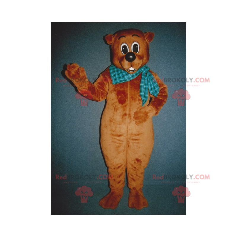 Brun björnmaskot med blå rutig halsduk - Redbrokoly.com