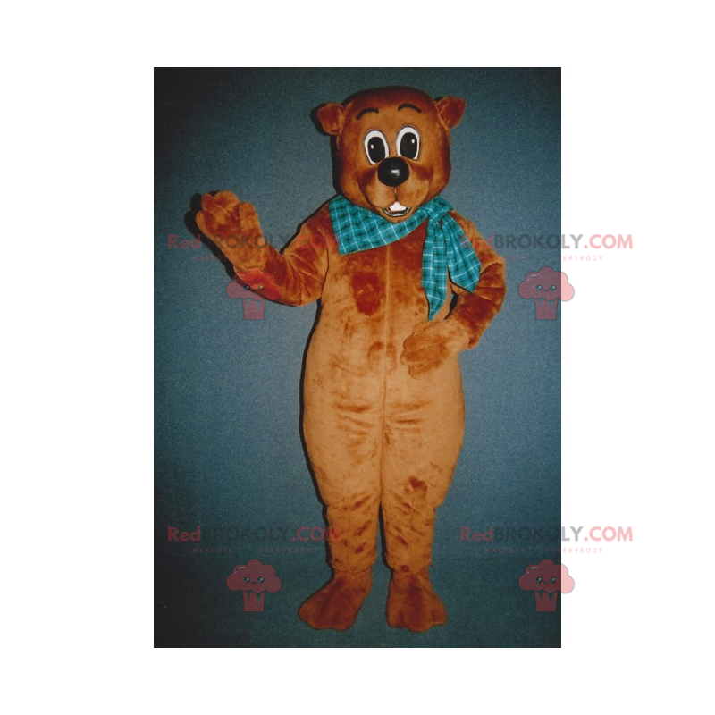 Mascotte d'ourson marron avec écharpe a carreaux bleus - Mascotte d'ourson marron avec écharpe a carreaux bleus -
