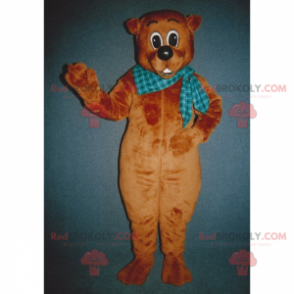 Medvěd hnědý maskot s modrou kostkovanou šálu - Redbrokoly.com