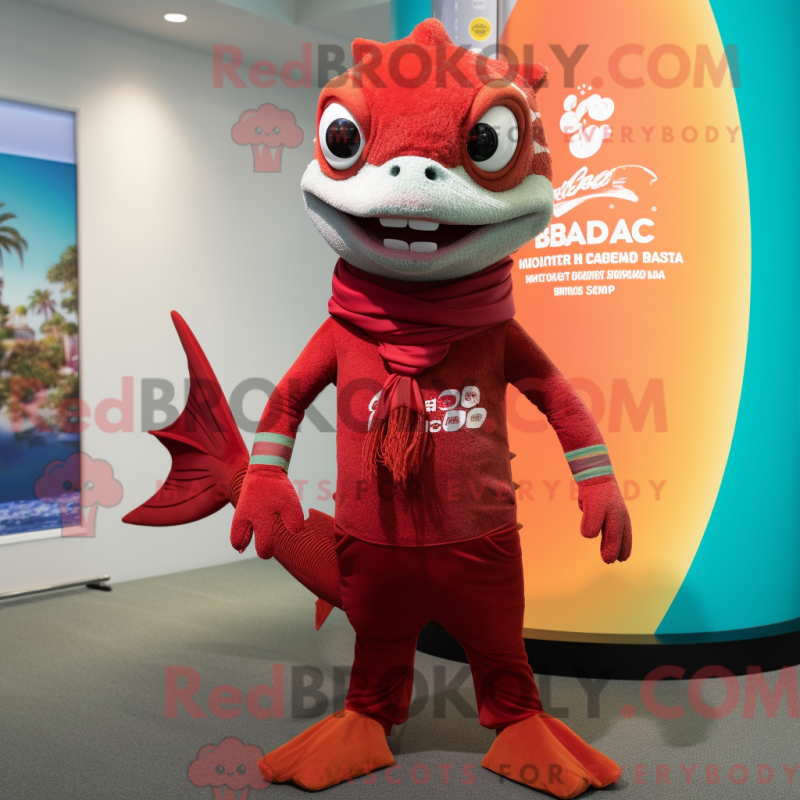 Fantasia de mascote de Barracuda vermelho com macacão e cachecóis - Mascotes Barracudas - REBROKO_268850 - RedBrokoly.com