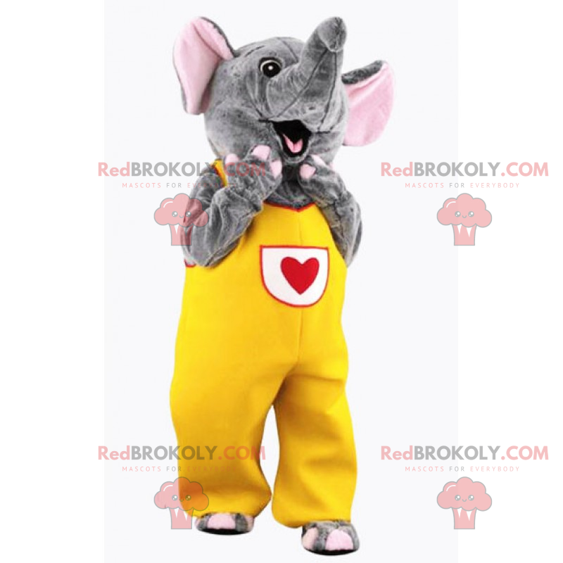 Elefant maskot i gul jumpsuit med hjerte - Redbrokoly.com