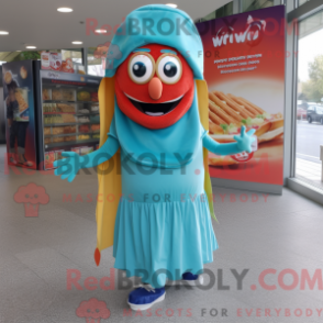 Fantasia de mascote Currywurst turquesa com saia envelope e cintos - Mascotes Currywurst - REBROKO_269376 - RedBrokoly.com
