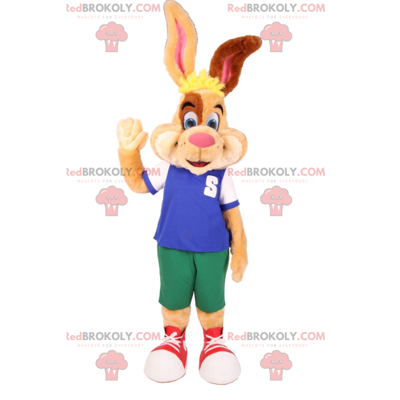 Two-tone beige and brown rabbit mascot in shorts -