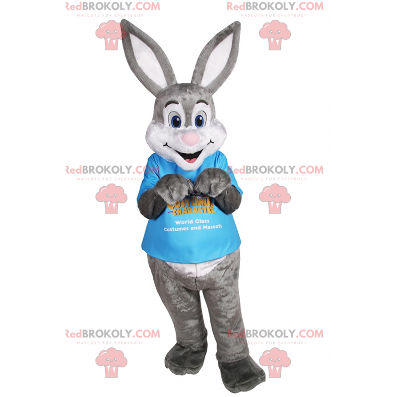 Mascotte Lapin gris et blanc avec grandes oreilles -