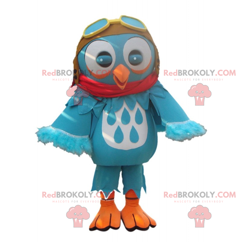 Kleine blauwe uil mascotte met pilotenhelm - Redbrokoly.com